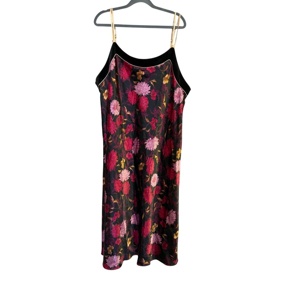 VINTAGE HALSTON 2X FLORAL SLIPDRESS VELVET TRIM GOLD STRAPS 90S Y2K MIDI